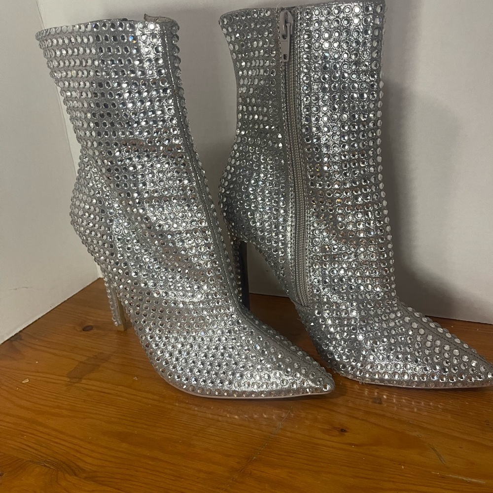 Silver Rhinestone Women's Heels ankle boots - Picture 2 of 11